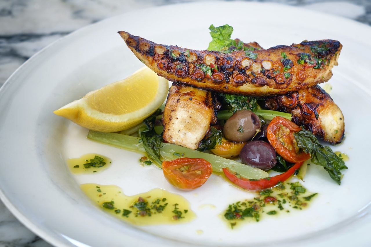Grilled octopus, capers and olives